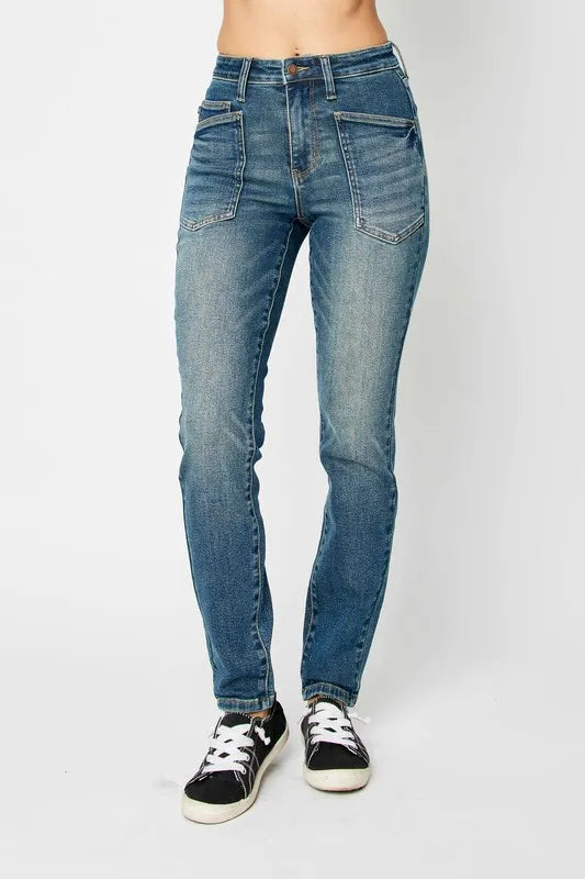 Skinnyjeans med hög midja i mörk tvätt, bild 2