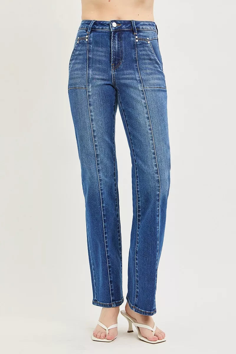 Raka jeans med hög midja och påsydda fickor, bild 3