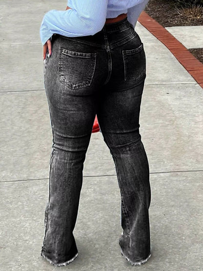 Flare-jeans med sliten knädetalj, bild 10