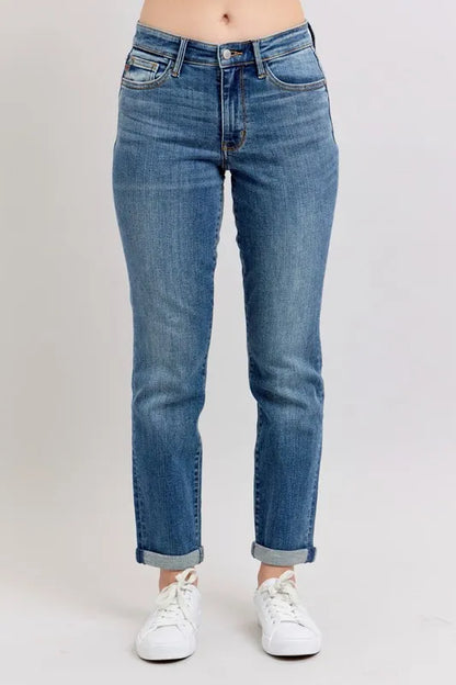 Skinnyjeans med mellanmidja och uppvikt fåll, bild 1