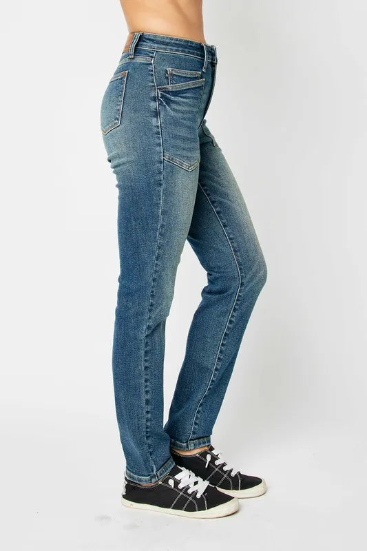 Skinnyjeans med hög midja i mörk tvätt, bild 5