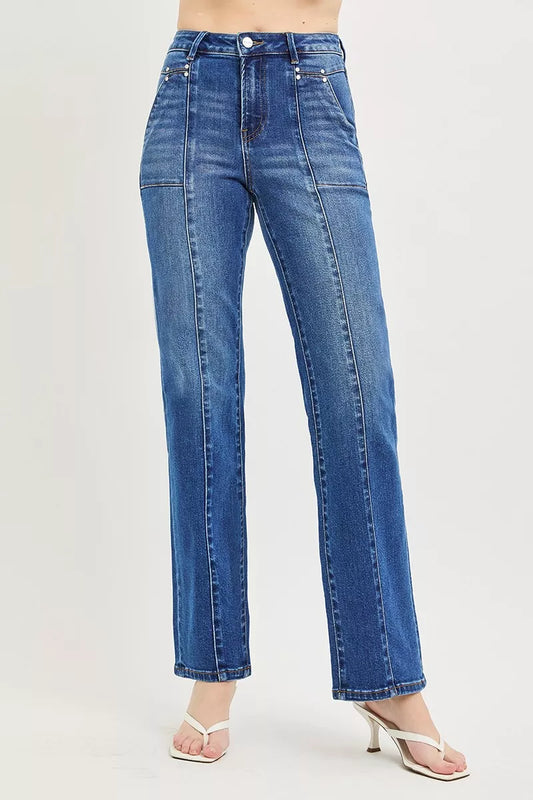 Raka jeans med hög midja och påsydda fickor, bild 2