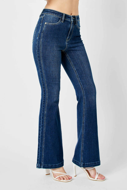 Flare-jeans med hög midja och vinklad sidsöm, bild 7