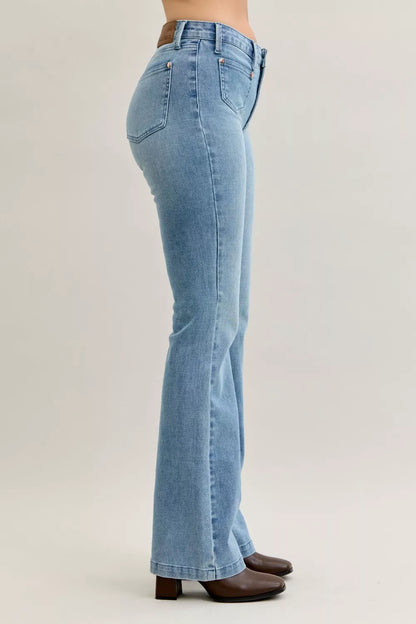Bootcut-jeans med mellanmidja och kontrasttvätt, bild 4