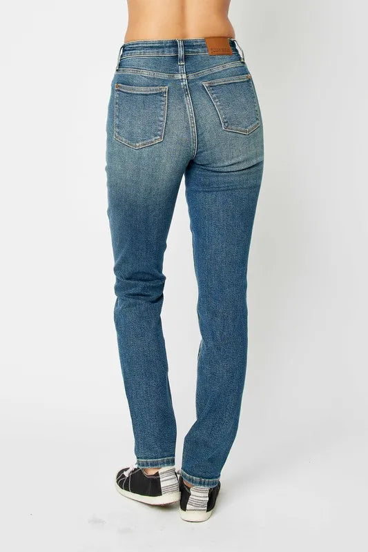 Skinnyjeans med hög midja i mörk tvätt, bild 4