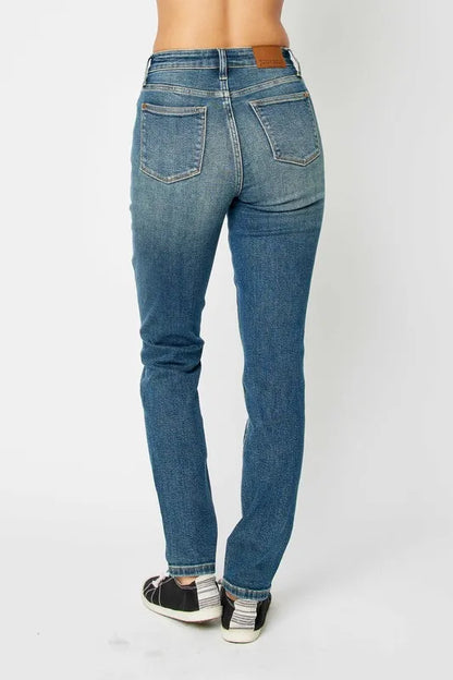 Skinnyjeans med hög midja i mörk tvätt, bild 4