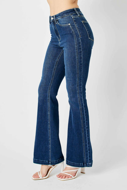 Flare-jeans med hög midja och vinklad sidsöm, bild 3