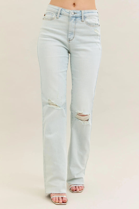 Bootcut-jeans med sliten tvätt och rå kant, bild 1