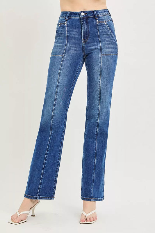 Raka jeans med hög midja och påsydda fickor, bild 1
