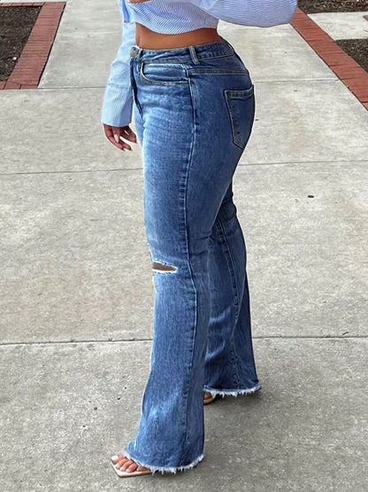 Flare-jeans med sliten knädetalj, bild 7