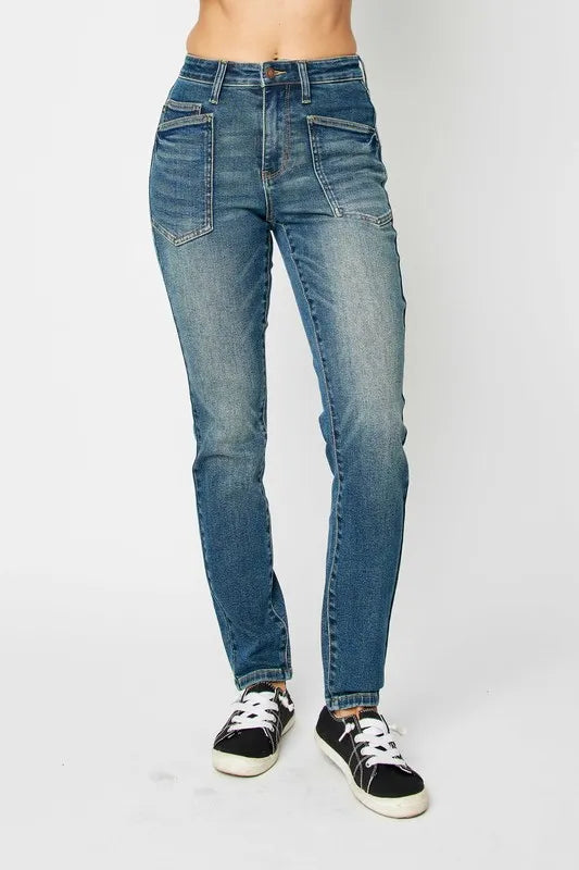 Skinnyjeans med hög midja i mörk tvätt, bild 1
