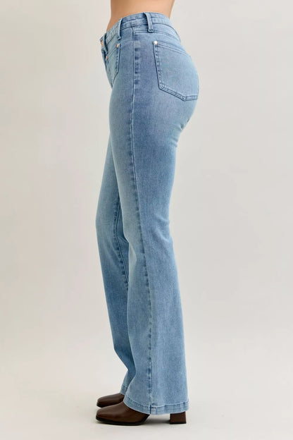 Bootcut-jeans med mellanmidja och kontrasttvätt, bild 6