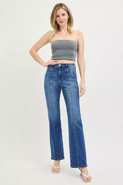 Raka jeans med hög midja och påsydda fickor, bild 6